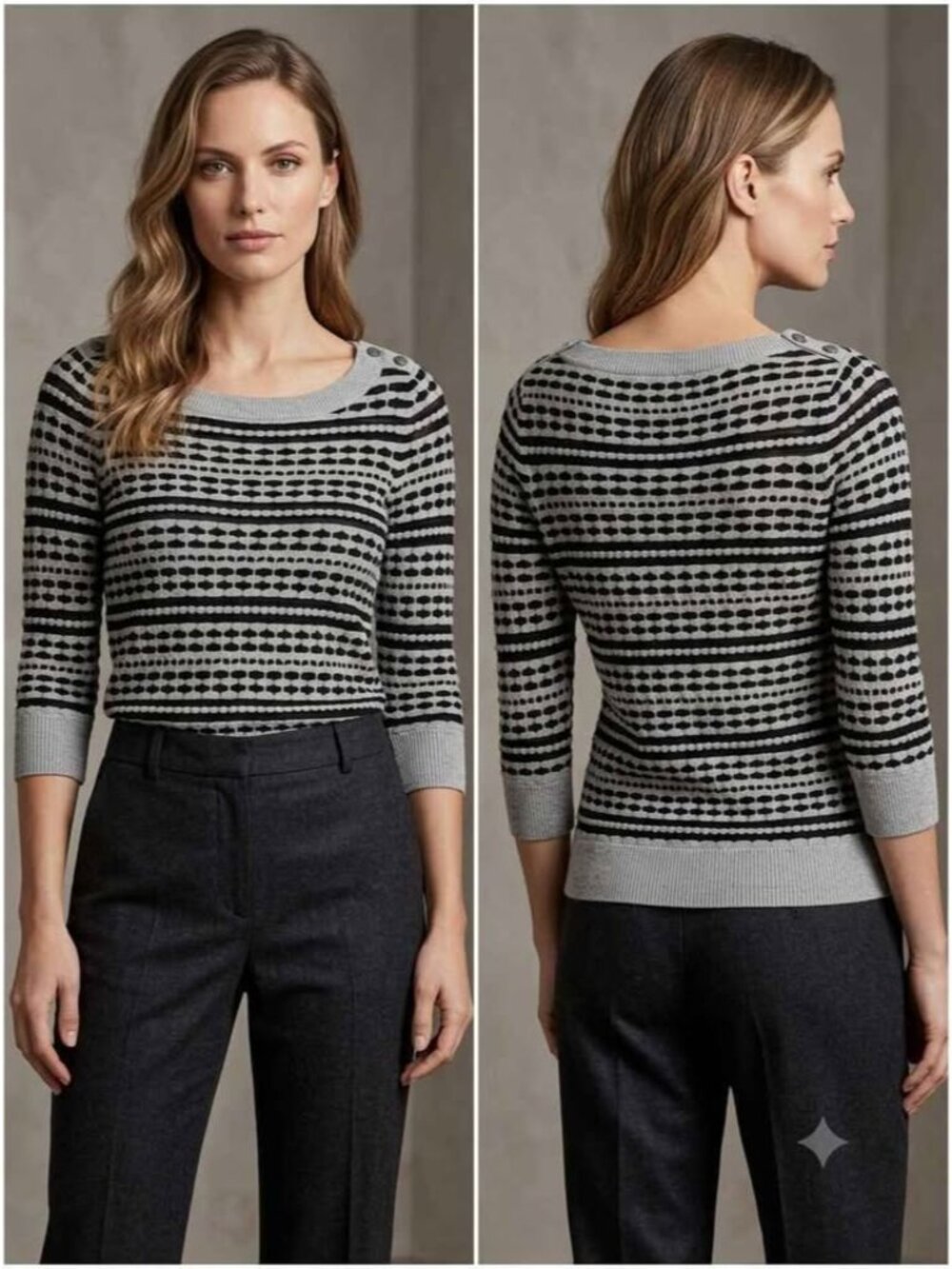 Armani Exchange Grey & Black Striped Sheer Wool Blend Sweater, Button Shoulders